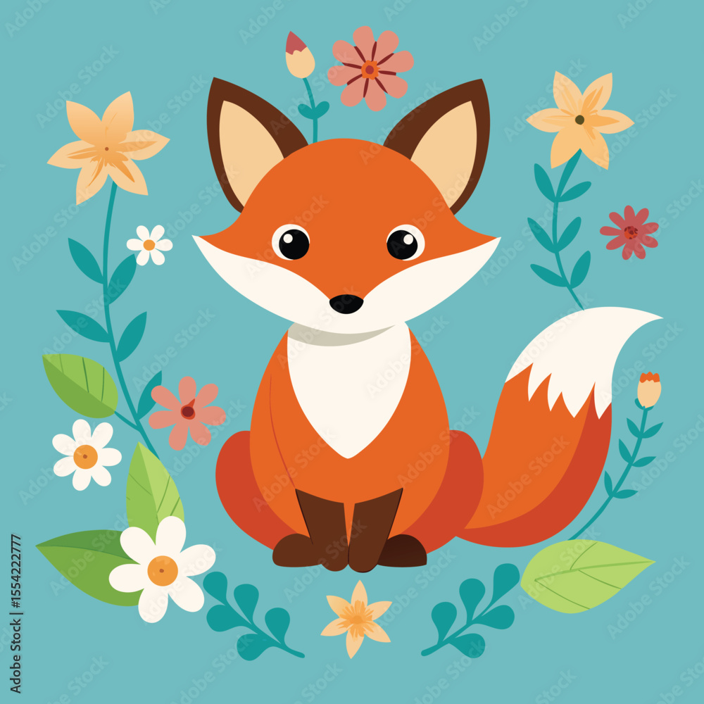 Fototapeta premium little fox surrounded by flowers