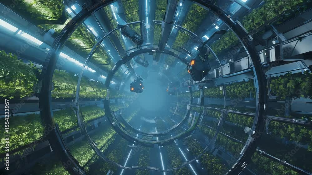 Vertical crops thrive on walls of a cylindrical farm module, illuminated by ambient blue light. This modern agricultural technology highlights efficient farming practices in a unique design