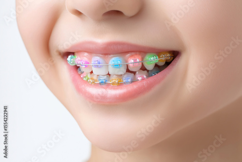 Child's radiant smile showcasing dental braces adorned with vibrant, colorful elastics for orthodontic treatment and a healthy, bright future.