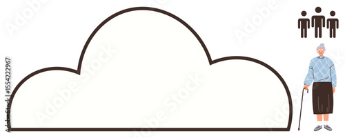 Large cloud shape with elderly woman holding a cane and three figures representing group support. Ideal for community, senior care, teamwork, digital storage, social connection, healthcare, simple