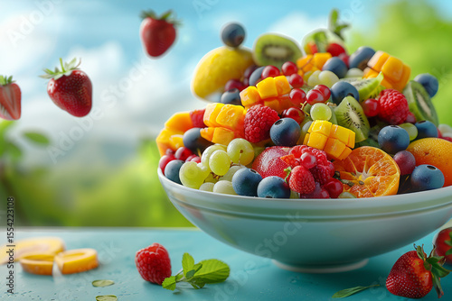 A bowl overflowing with colorful fruits suspended in the air, set against a bright green backdrop and a serene blue sky,