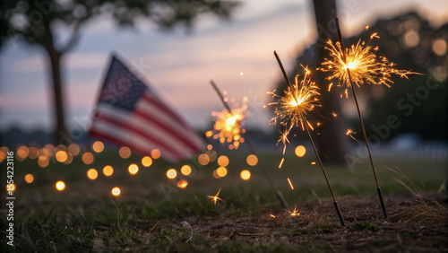 Independence day celebration. Sparklers, American flag, outdoor celebration, glowing lights, summer evening, family gathering holiday, 4th july