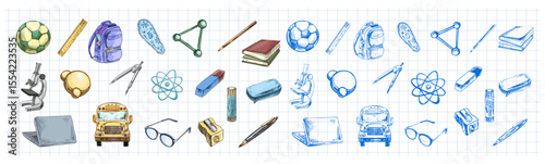 Hand drawn vintage set of colorful and monochrome school supplies and science objects on grid paper background