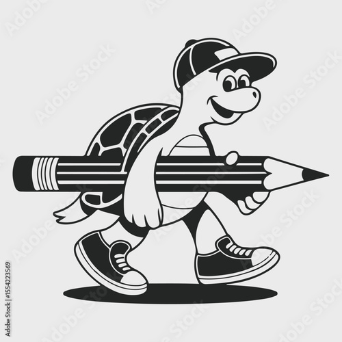 Cartoon turtle with a cap carrying a large pencil drawing