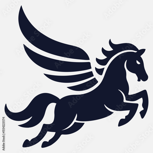 A stylized dark blue pegasus on a plain white background
