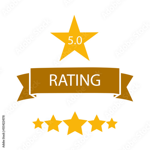 Five-star rating with gold stars and a rating ribbon
