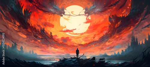 pop surreal unreal silhouettes spiral towards white garuda, ai generatif