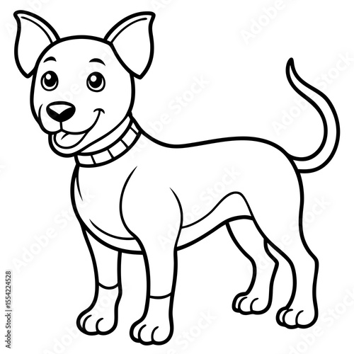 Happy cartoon dog standing and smiling with a collar and leg bands