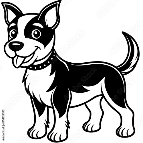 Happy cartoon black and white dog standing with tongue out and collar