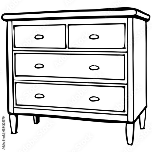 Simple black and white line drawing of a four drawer dresser with round knobs
