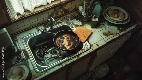 Overhead kitchen scene with a burnt pan and worn sponge in messy sink, Burnt Pan in Sink, Before/after cleaning visuals, household product promotions, Relatable content for social media, real-life 