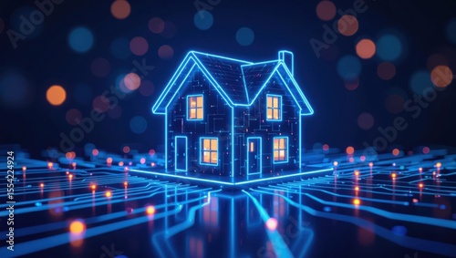 Illuminated futuristic neon house structure connected by glowing digital circuits and data streams