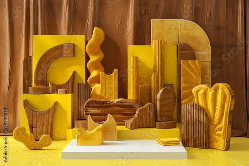 A collection of yellow and brown objects artistically arranged on a bright yellow surface, with a rich brown background and a white base on the floor.