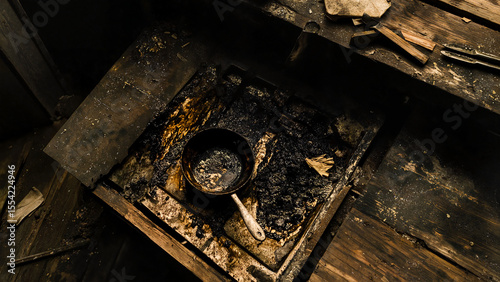 Overhead kitchen scene with a burnt pan and worn sponge in messy sink, Burnt Pan in Sink, Before/after cleaning visuals, household product promotions, Relatable content for social media, real-life 