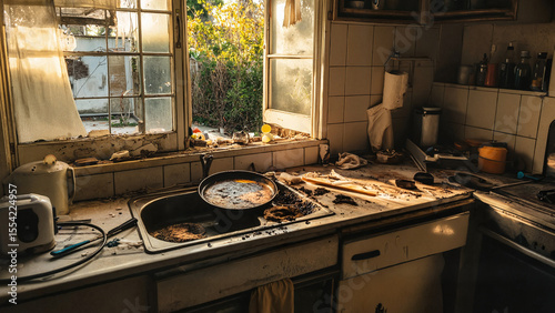 Overhead kitchen scene with a burnt pan and worn sponge in messy sink, Burnt Pan in Sink, Before/after cleaning visuals, household product promotions, Relatable content for social media, real-life 
