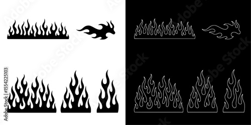 Isolated retro black and white flame silhouette and outline vector set