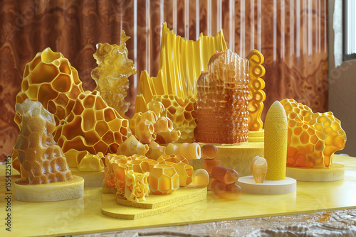A collection of yellow and brown objects artistically arranged on a bright yellow surface, with a rich brown background,
