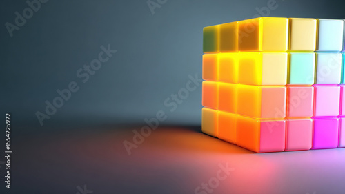 Cube unfolding into colorful grid, focused lighting