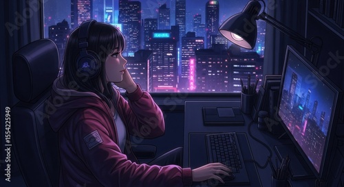 Young Woman Wearing Headphones Engaged in Gaming on a Computer at Night with a Cityscape View