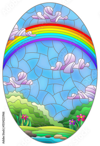 Illustration in stained glass style with a summer landscape , a rainbow against a Sunny sky, flowers and a stream