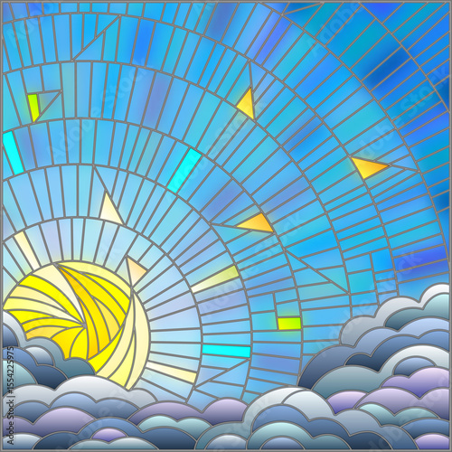 An illustration in stained glass style sun and clouds on blue sky background