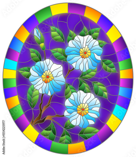 An illustration in stained glass style with a branch of a flowering plant with blue flowers on a purple background