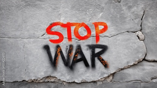 Anti War and Global Protest movement, Graffiti message urging to stop war on a cracked wall.