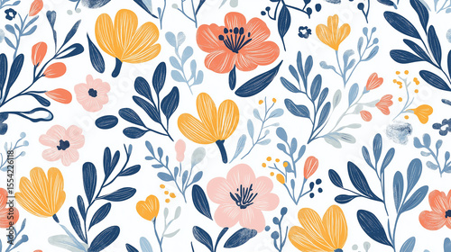 On a light - colored background, blue, orange, and yellow flowers with leaves form a fresh and minimalist floral pattern.