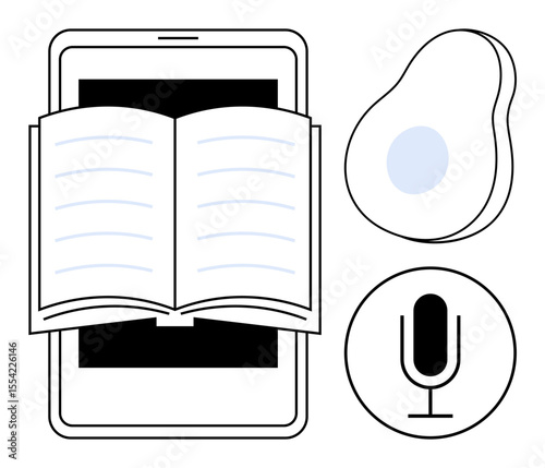 Open book resting on tablet screen, abstract shape, and microphone icon. Ideal for education, e-learning, audiobook, modern technology, communication, knowledge sharing simple landing page