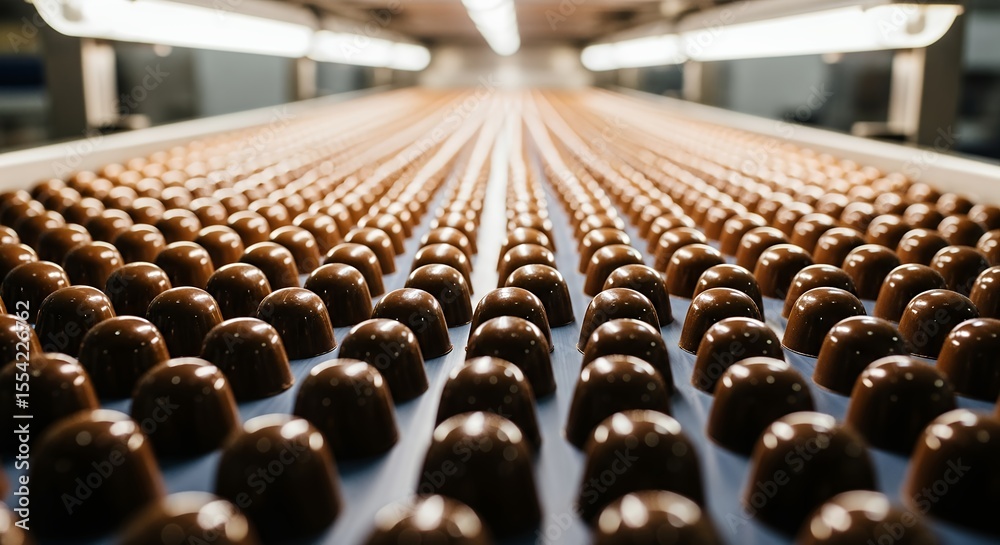 Obraz premium Rows of chocolate candies moving along a conveyor belt in a factory.