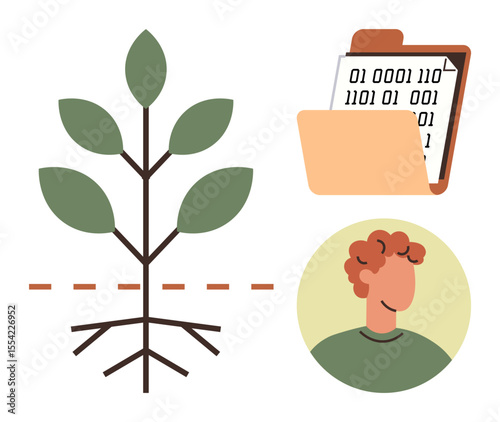 Plant with roots and leaves, binary data in a folder, smiling person portrait. Ideal for nature, growth, sustainability, technology, environment data management connection. Simple flat metaphor