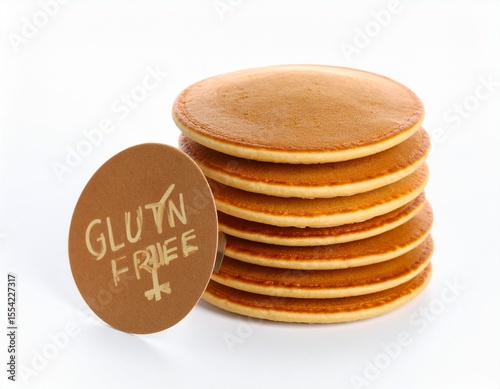 Stack of golden brown gluten free cookies with a round gluten free label in front isolated on a white background