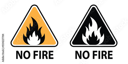 two "no fire" warning signs, one with a yellow triangle and black flame, the other with a black triangle and white flame, indicating fire prohibition and safety