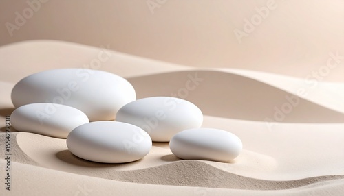 Smooth White Pebbles on Fine Sand  Minimalist Aesthetic on Neutral Background
