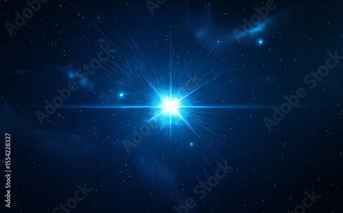In the dark blue starry sky background, a bright blue star shines, with nebulae and small celestial bodies dotted around.
