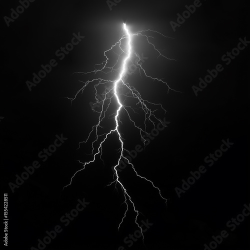 Against a black night sky background, a white lightning bolt with clear branched forks streaks across.