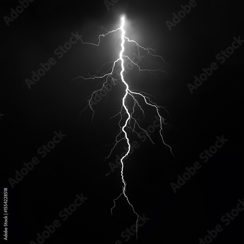 Against a black night sky background, a white lightning bolt with clear branched forks streaks across.