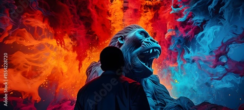 pop surreal unreal silhouettes spiral towards Kingkong, ai generatif