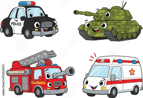 Cartoon emergency vehicles set, police car fire truck ambulance tank, kids character illustration, rescue fleet vector, colorful transport design