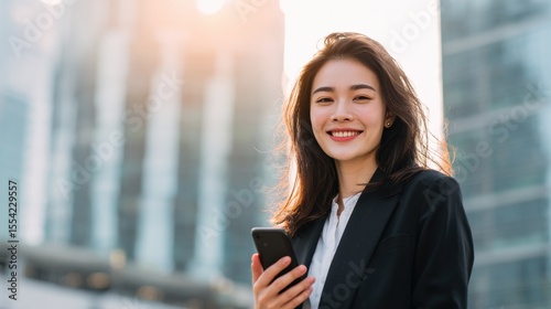 Young businesswoman smiling and holding a smartphone outdoors Free Download Young businesswoman smiling and holding a smartphone outdoors - GFXLoad