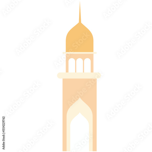 A minimalist design of an Islamic mosque tower with yellow and orange tones, representing traditional Islamic architecture and spiritual significance.