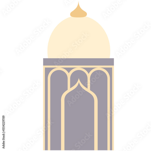 2D illustration of mosque dome tower in soft purple and white tones, ideal for Islamic architecture, Ramadan, and spiritual visuals.