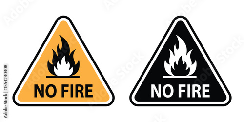 "no fire" warning signs, of a triangle and flame, indicating fire prohibition and safety