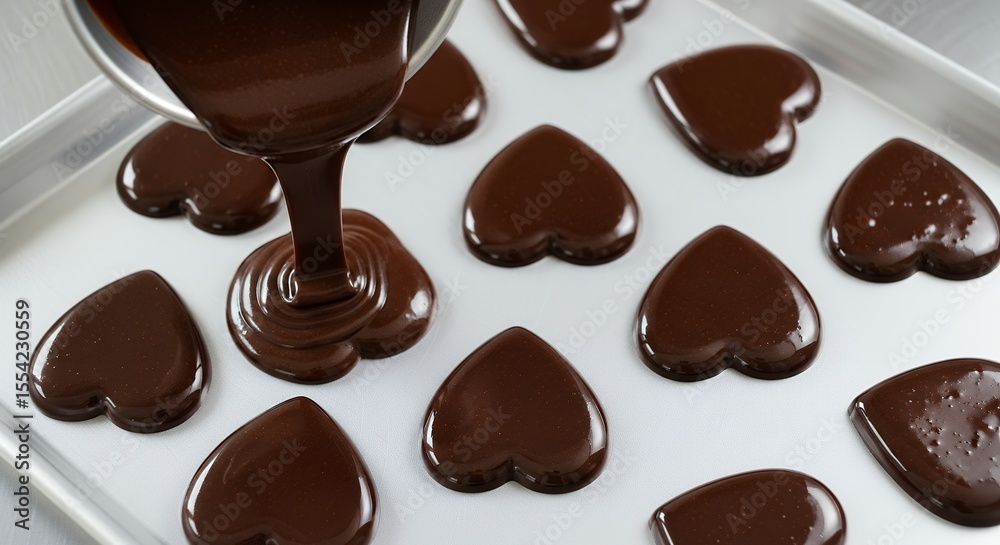 Fototapeta premium Pouring melted chocolate over heart-shaped cookies on a baking sheet, creating a sweet treat.