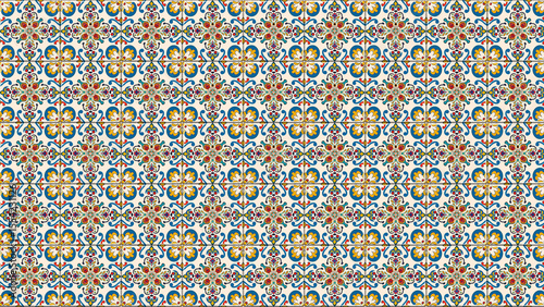 Pattern of decorative tiles with floral and geometric designs in blue red and yellow colors repeated