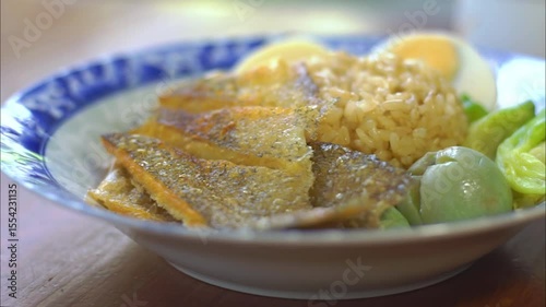 Steamed rice and boiled egg served with fried fish and shrimp paste. Popular food in Thailand.