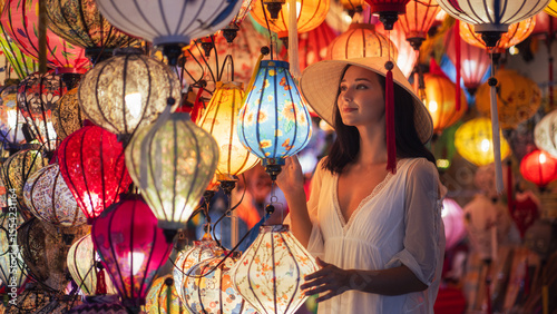 Elegant Woman Admiring Colorful Lanterns In Hoi An Vietnam Market