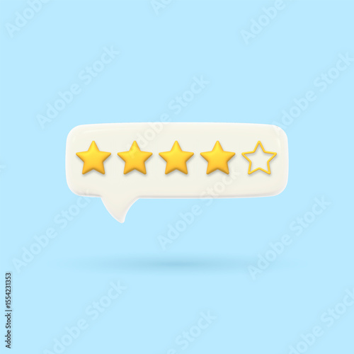 3D speech bubble with four gold rating stars. Visualization of good service quality assessment. Volumetric chat messages Render of voting, rating or survey on the product. Customer feedback