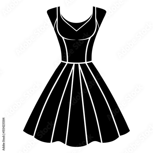 Elegant black silhouette of a flared dress with straps on white background