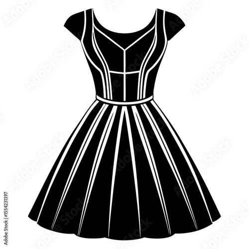 Elegant black silhouette of a vintage inspired flared dress with cap sleeves